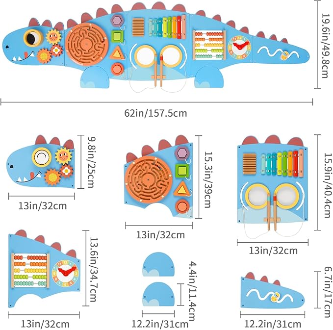Dinosaur Sensory Wall Panel for Kids,10-in-1 Wall Toys for Toddlers, Montessori Busy Board, Activity Wall Busy Board Suitable for Toddler Playroom Bedroom Decor