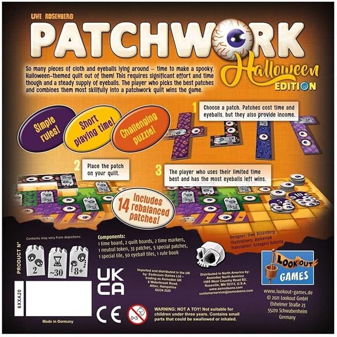 Patchwork Halloween Edition Board Game - A Spooky Two-Player Quilting Strategy Game! Interactive Puzzle Game for Kids & Adults, Ages 8+, 2 Players, 30 Min Playtime, Made by Lookout Games
