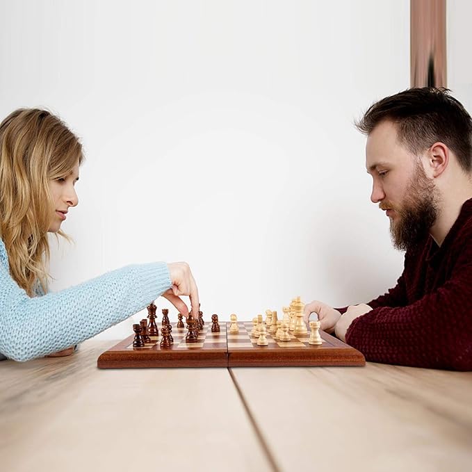 AMEROUS 15'' Magnetic Wooden Chess Set -Folding Board -2 Extra Queens -Chessmen Storage Slots -Gift Package, Travel Chess Board Game Sets for Kids and Adults