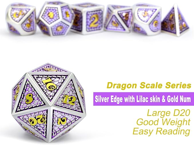 DNDND Metal DND Game Dice, 7 Die Dragon Scale Metallic D&D Dice with Velvet Pouch for Gungeons and Dragons (Lilac with Silver Edge)