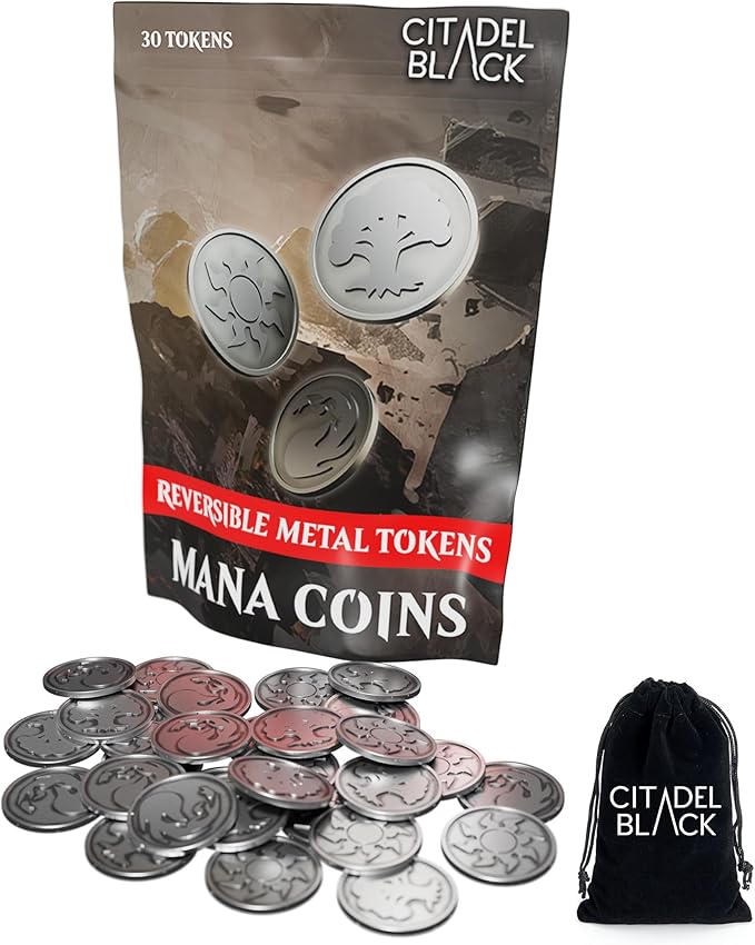 Citadel Black MTG Reversible Mana Coins - Set of 30 Metal Tokens with Drawstring Storage Pouch, Antique Silver Finish, Designed for Magic: The Gathering