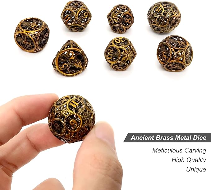 DND Dice,Hollow D&D Metal Dice,Unique Round Ball Design Octopus Dice with Gift Box for Dungeons & Dragon Gaming,7 PCs Steampunk Polyhedral D and D Dic(Ball Octopus Ancient Gold)