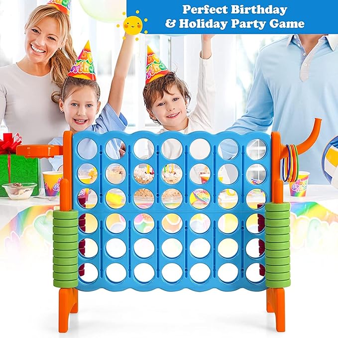 Giant 4 in a Row Connect Game, Jumbo 4 to Score Game Set w/ 42 Chess Rings, Basketball & Hoop, Toss Rings & Quick-Release Lever, Indoor & Outdoor Family Party Game for Kids & Adults