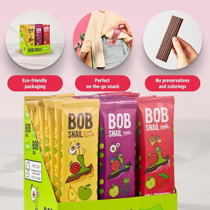 BOB SNAIL Healthy Organic Fruit Snacks for Kids and Adults–30 Organic Fruit Leather Snacks with Apple-Pear, Strawberry, Black Currant–Vegan Low-Carb Variety Pack Strips for Kids–Sugar Free Jerky Bars