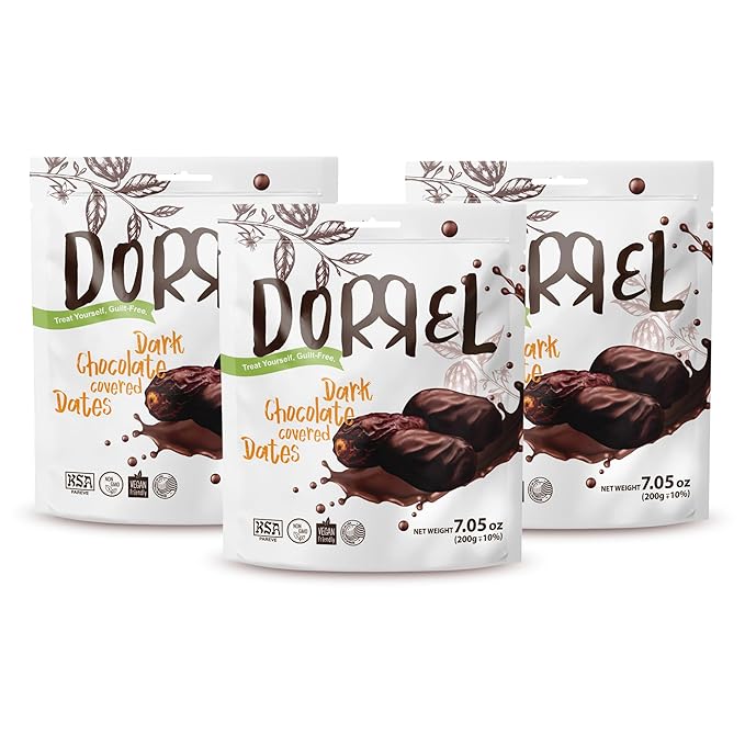 DORREL - Belgian Dark Chocolate Covered Medjool Dates, High Energy Vegan Choco Snack Delicious, Kosher & Non-GMO, Pack of 3 Chocolate Covered Dates, 7.05 oz / 200 g Ea