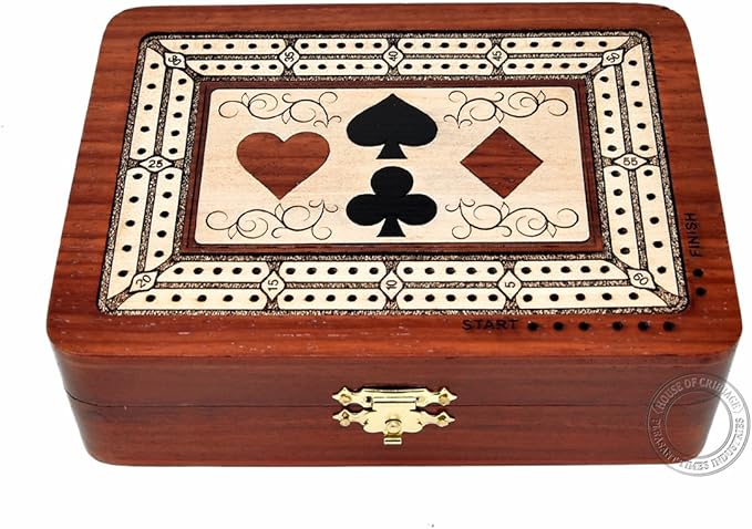 2 Track - Wooden Cribbage Board/Box - Inlaid in Bloodwood/Maple Wood - Storage for Pegs & One Deck of Cards - 60 Points - Non Continuous