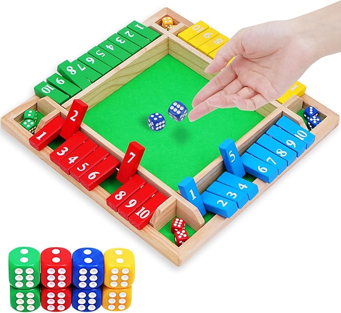 1-4 Players 12IN Large Shut The Box Dice Game, 10 Numbers Traditional Wooden Pub Bar Board Family Table Mat Game Dice for Kids and Adults