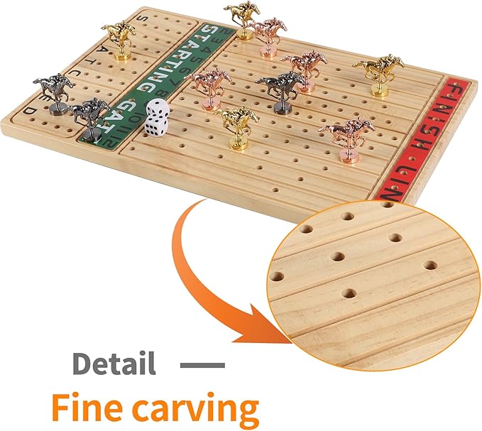Horse Race Board Game Finish Line Racing Game with 11 Luxurious Metal Horses with 4 Dice and 2 Boxes of Cards Solid Wood Horse Racing Game Board Color Box Packaging (Small, Log Color)