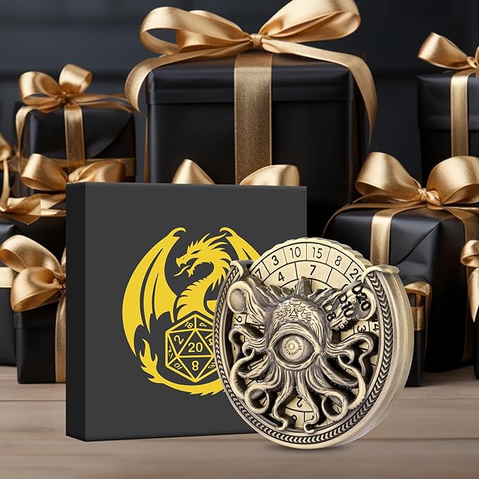 Spinner DND Dice Set, 7-in-1 Metallic D&D Dice, One-Eyed Octopus Roulette Dice Spinner for DND Dice Set, D&D Gifts with Gift Box, Role Playing Game Board Game Accessories, Bronze