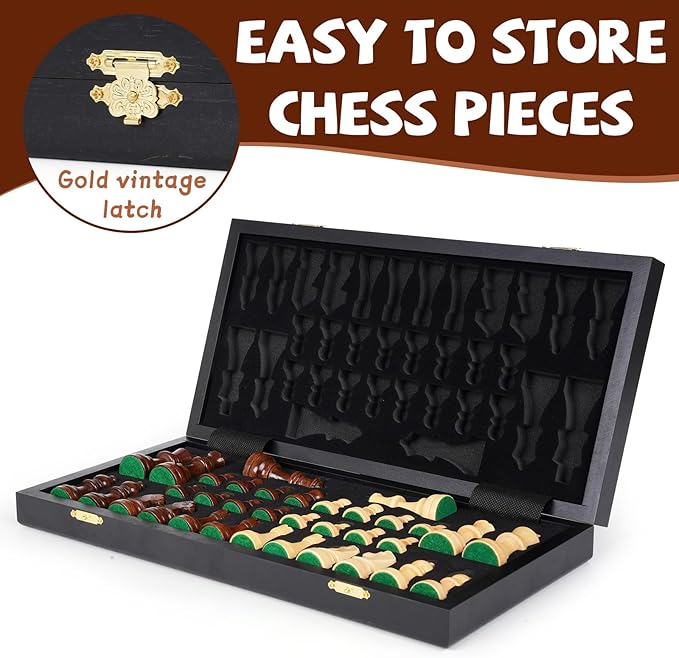 15-Inch Wooden Chess Set – Premium Folding Wooden Chess Board with Carved Chess Pieces, Built-in Storage, Portable and Travel-Friendly Chess Game Sets for Adults and Kids