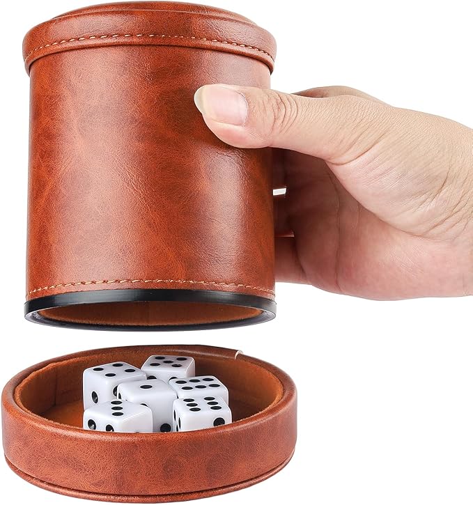 Brown PU Leather Dice Cup with Lid, Velvet Interior Quiet Dice Shaker Cup with 6 Dice for Liars Dice/Farkle/Yahtzee Games, 1 Pack
