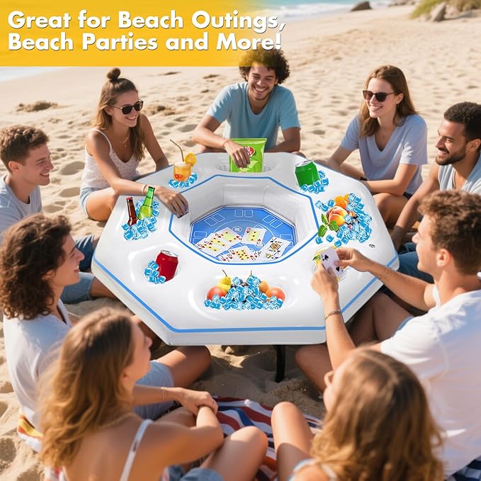Octagonal Inflatable Game Table with Waterproof Playing Cards, Inflatable Pool Bar Games for Adults, Floating Portable Bar Table Tray for Hot Tub or Pool Beach Party