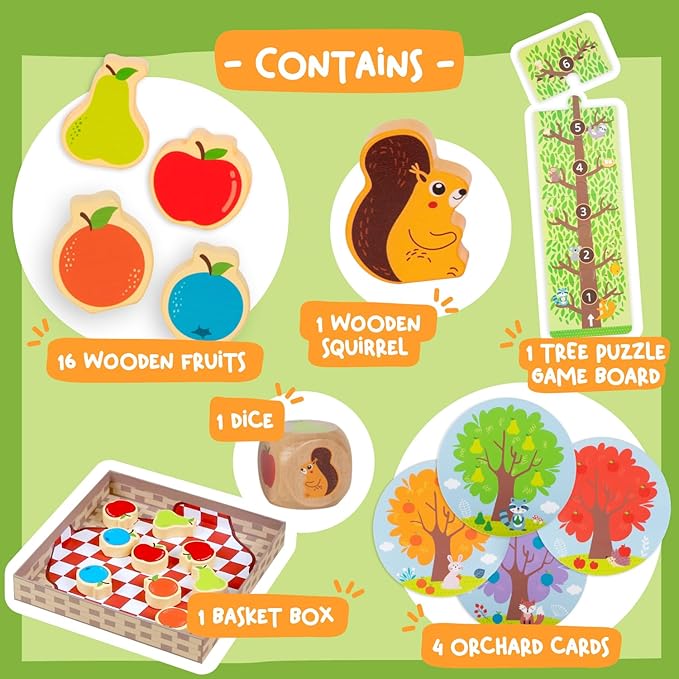 Nene Toys Squirrel in The Orchard - Cooperative Wooden Game for Toddlers Ages 2-4 - Educational Board Game for 2 3 Year Olds, Orchard Game to Enhance Color Recognition & Counting Skills