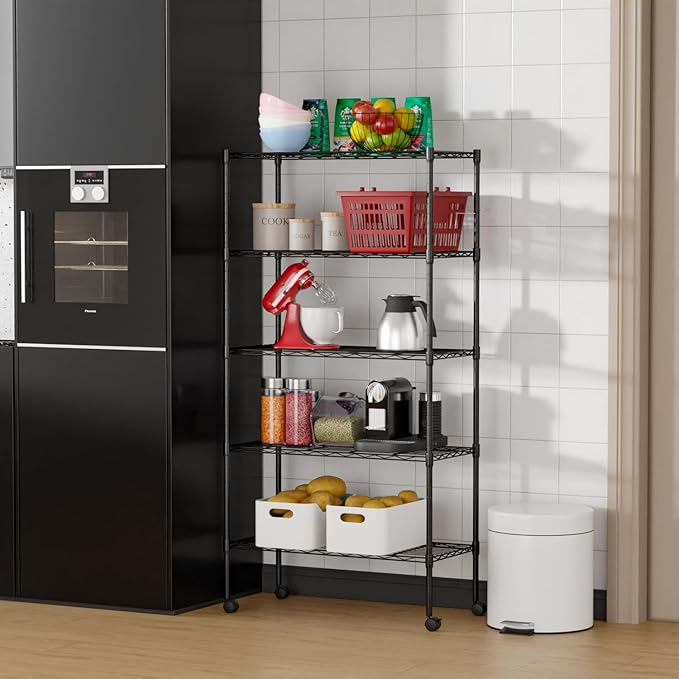 FDW Adjustable Storage Shelves 5-Tier Wire Shelving Unit Heavy Duty Metal Shelves with Wheels 14”Dx30”Wx61”H Storage Shelf Rack for Home Kitchen Commercial, Black