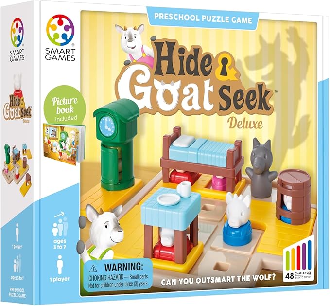 SmartGames Hide and Goat Seek - A Preschool Puzzle Game for Ages 3-7 Featuring 48 Challenged and a Bonus Picture Book