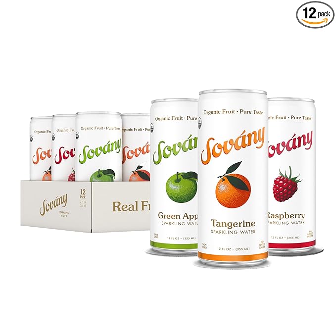 Sovány Flavored Sparkling Water, Variety Pack, Seltzer Water Drinks, USDA Organic, Made With Real Fruit, Non-GMO, Vegan, No Added Sugar, Low Calorie, Tangerine, Raspberry & Green Apple, 12 fl oz, 12 Pack