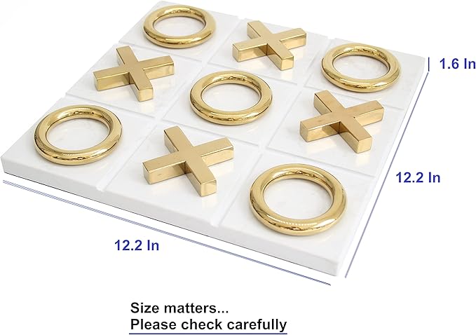 Marble Tic Tac Toe Game for Living Room Decor Centerpiece White and Gold XO with White Marble and Gold Color Stainless Steel Decorative Table Top X/O Board Coffee Table Décor
