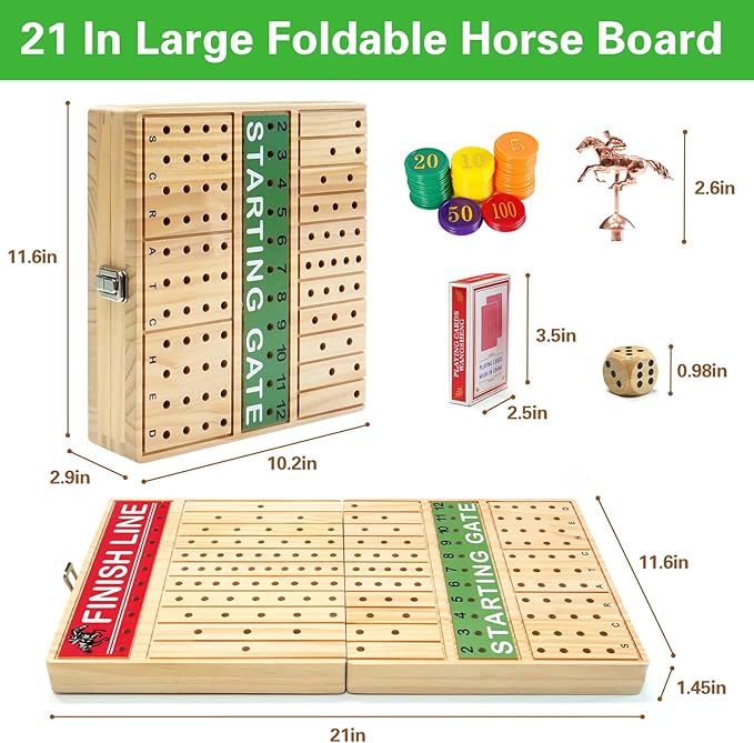 FUNNYB&G 21 inches Horse Race Board Game Foldable Large Horse Racing Game for Adults with 11 Metal Horses, Solid Wood 60 Pcs Poker Chips 2 Dice 1 Pack of Cards for Family Tabletop Parties(Log)