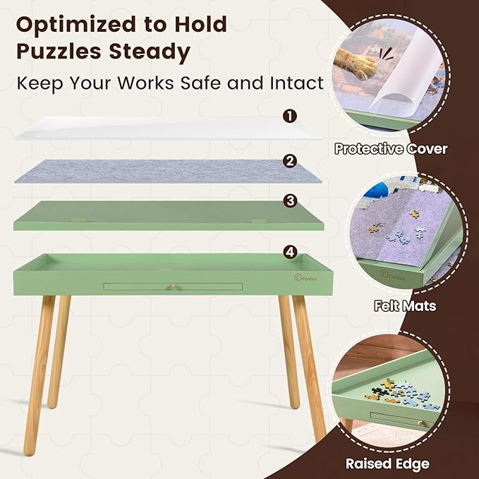 1500 Pieces Wooden Jigsaw Puzzle Board with Legs, 35"x26.8" Felt Mat Puzzle Table with 5 Drawers and Cover, 3 Adjustable Tilting Angles Up to 40° Puzzle Table for Adults and Teens, Mint Green