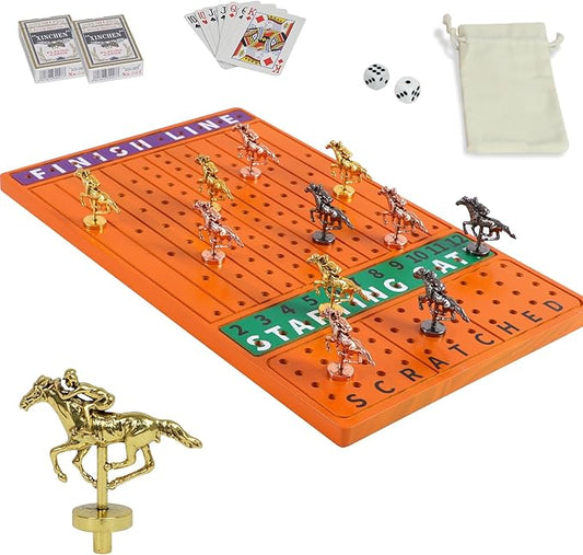 HOROW Horse Racing Board Game Solid Wood Horse Race Card and Dice Board Game Luxury Edition Set with 11 Metal Horses 2 Dices and 2 Boxes of Cards(Rectangle,Red Peach)…
