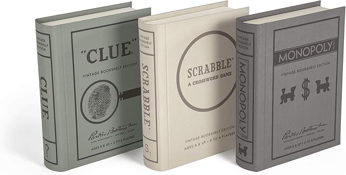 WS Game Company Scrabble, Monopoly, and Clue Vintage Board Games Bookshelf Collection For 2-6 Players, Ages 8+