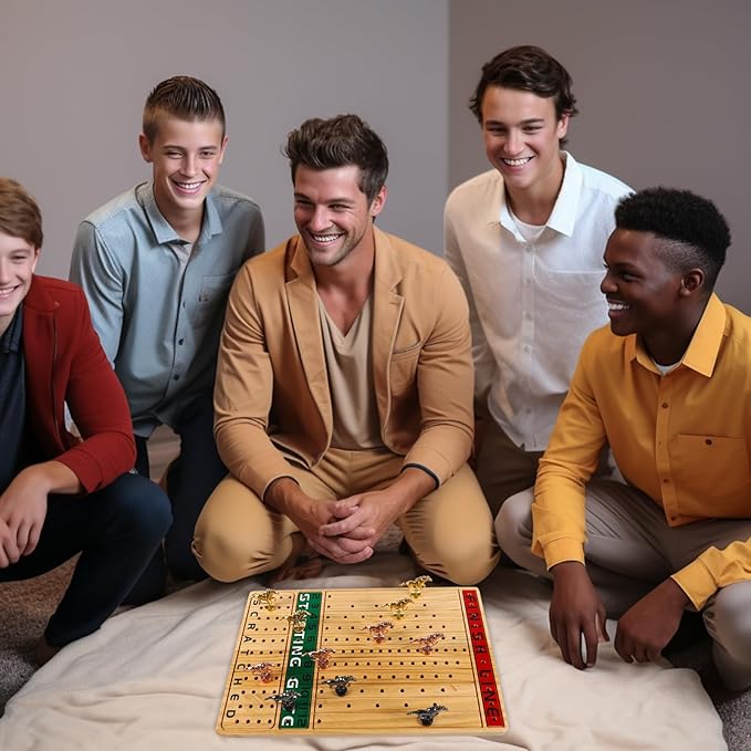 Horse Race Board Game with 11 Luxurious Durable Classic Metal Horses with 4 Dice and 2 Boxes of Cards Thickened Solid Wood Horse Racing Dice Game (Log Color,Rectangle)