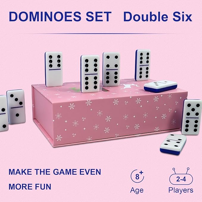 Dominoes Set for Adults, Double 6 Dominos Game Set with 28 Domino Tiles Double with Upscale Gift Boxes -7 Polyhedral Dice -Classic Board Games (Dark Blue)