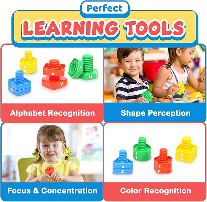 Letters Learning Matching Game | Fine Motor Skills Toy Set for Toddlers | 26 Alphabet Learning Toys with 52 pcs Nuts and Bolts Sorting & Stacking Toys, ABC learning Educational Montessori Toy for Kids