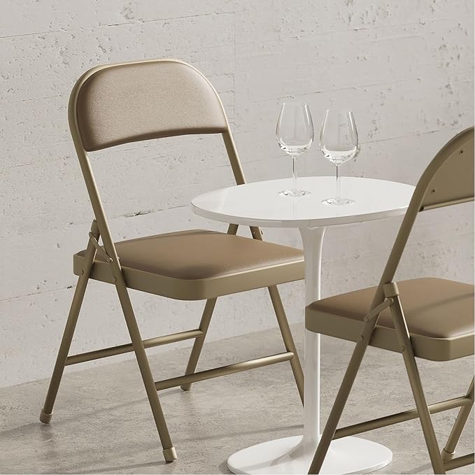 Nazhura 4 Pack Folding Chairs with Padded Vinyl Cushion Chairs with Comfortable Cushion and Durable Steel Frame for Home and Office, for Indoor and Outdoor Events (Kahki Vinyl Padding 4 Pack)