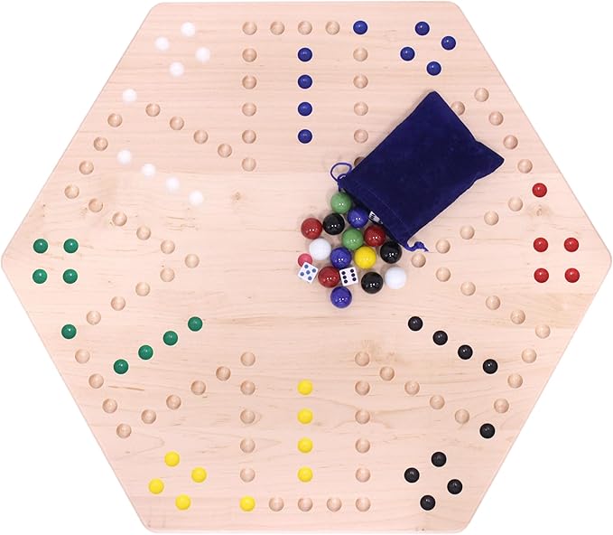 AmishToyBox.com Wahoo Wooden Marble Game Board Set - Large 24" Wide - Solid Maple Wood - Double-Sided - with Large 22mm Marbles and Dice Included