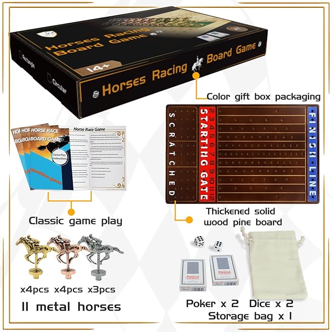 Metal Horse Race Board Game Racing Game Thickened Solid Wood with 11 Luxurious Durable Classic Metal Horses with 2 Dice and 2 Boxes of Cards Horse Racing Game (Walnut,Rectangle)