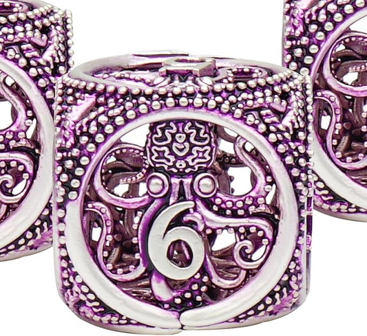 DND Dice,Hollow D&D Metal Dice,Unique Round Ball Design Octopus Dice with Gift Box for Dungeons & Dragon Gaming,7 PCs Steampunk Polyhedral D and D Dic(Octopus Purple)