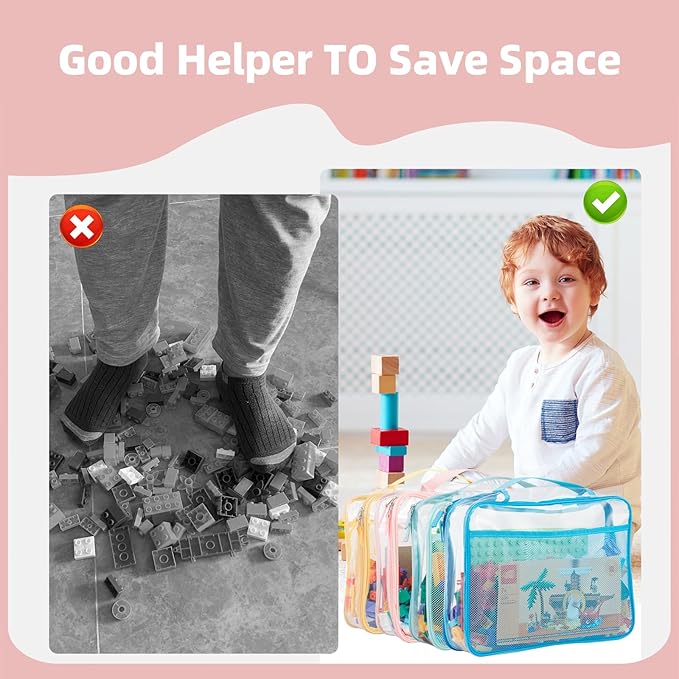 4-Pack PVC Waterproof Toy Storage Bags(Label, 10 Memo Cards), Large 13.8" x 3.2" x 10" Clear Double Zipper Organizing Bags with Handle, Magnetic Tiles Blocks Board game Storage Organizer Case