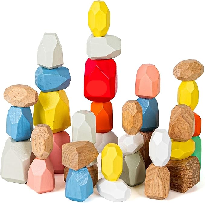OPPA 36PCS Wooden Stacking Rocks, Montessori Sensory Toys for Toddlers, Building Rocks Stones Games,Stacking Stones for Kids Gifts