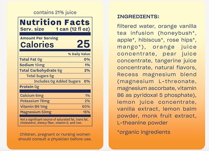 Recess Mood Magnesium Supplement Drink Calming Beverage, 12 Ounce (Orange Vanilla, 12 Pack)