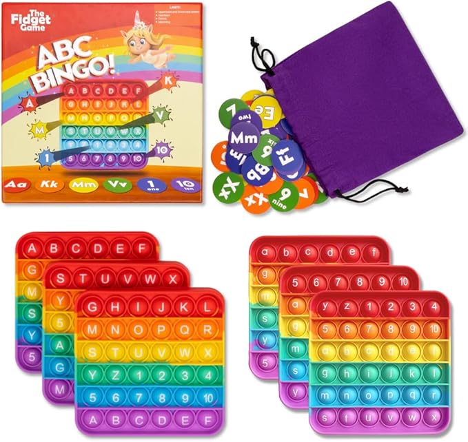 The Fidget Game ABC Bingo, Games for Kids - Six Educational Alphabet Bingo Popping Mats for Preschool, Toddlers, Kindergarten - Learning Activities for 2-6 Players 3+ Years