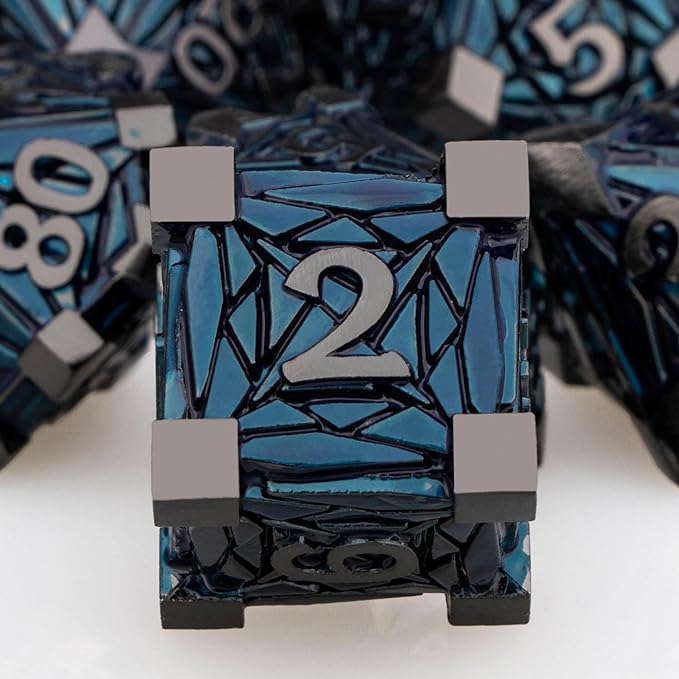 7PCS Metal DND Dice Set with Box, Debris RPG Black Blue D and D Dice for use with D&D Tabletop Games Role Playing Game Polyhedral Dice Set D20 D12 D10 D8 D6 D4
