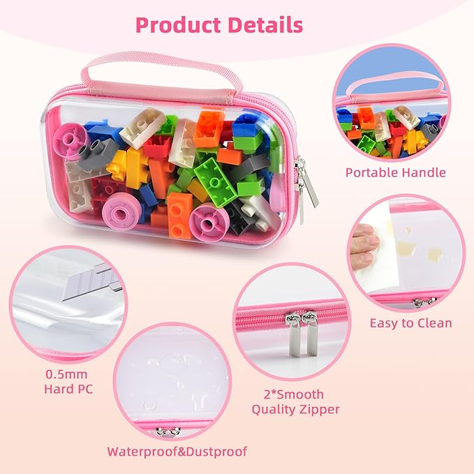 SameTech Hard Shell Zipper Case, 2pcs Clear Zippered Hard Small Box, Clear Plastic Pouches Travel Bags for Kids, Storage for Building Blocks, Puzzles, Cosmetics, Crafting Supplies