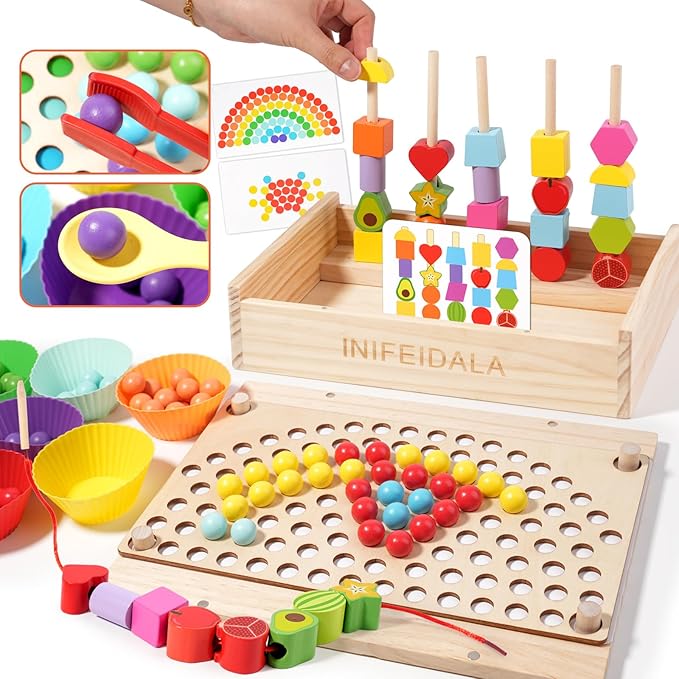 Toddler Learning Montessori Toys for 3 4 5 6 Year Old,Rainbow Stacking & Lacing Beads & Matching Shape Stacker - Wooden Peg Board Beads Sequencing Toy Set - Fine Motor Skills Toys for Boys & Girls