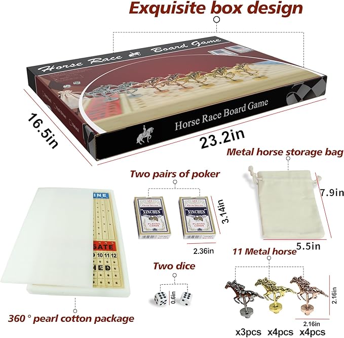 Large 21 inches Horse Racing Board Game with 11 Luxury Metal Horses Thickened Wood Game Chessboard Including Dice and Cards Finish LINE Race Game Board
