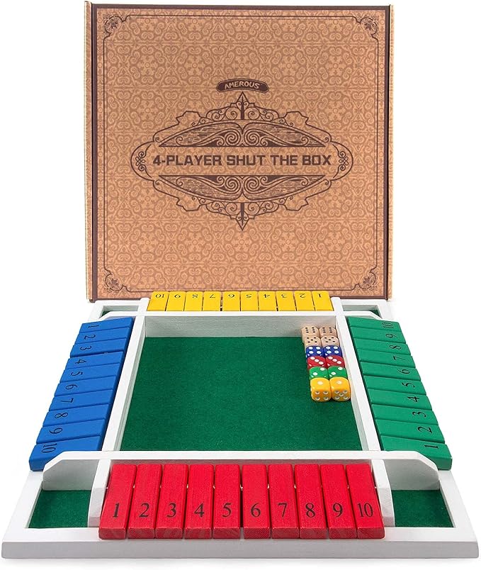 AMEROUS Shut The Box Dice Game-12 inches-Colorful Design-1-4 Players-12 Dice-Gift Package, Classic 4 Sided Wooden Board Game for Adults Kids, Classics Board Game