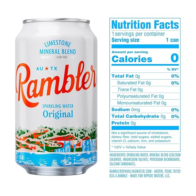 AUTX RAMBLER Sparkling Water, Texas Limestone Mineral Blend, Original Natural Flavor, 12-Ounce Cans, 12-Pack