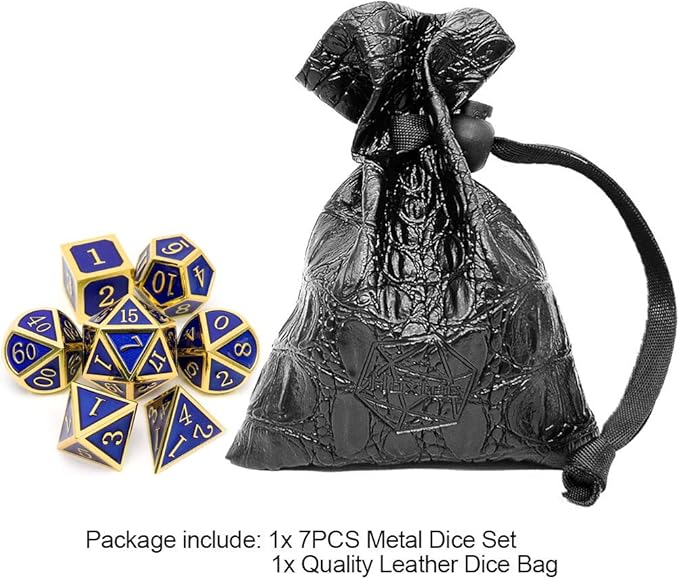 Haxtec Metal DND Dice Set 7 Die Gold Blue Metal D&D Dice for Dungeons and Dragons Games-Glossy Enamel Dice (Gold Blue)
