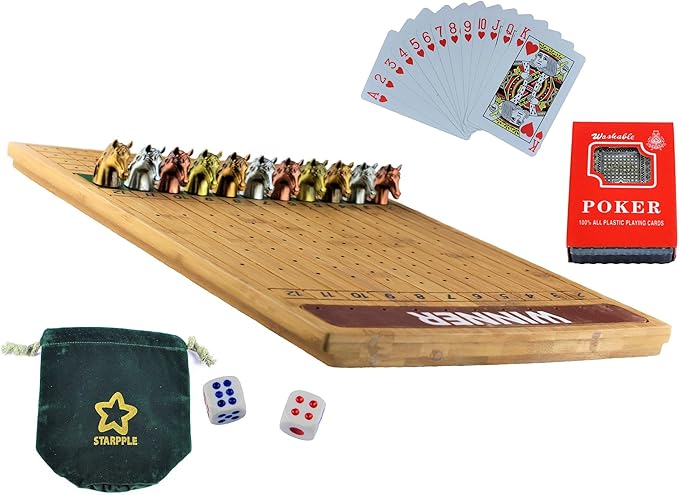 Metal Horse Race Board Game Set with Horse Racing Thick & Solid Wood Game Board(16"/Dark),11 Luxurious with 4 Antique(Gold,Silver,Red Cooper&Bronze) Metal Craft Horses, Dice&Cards (HR-M654)