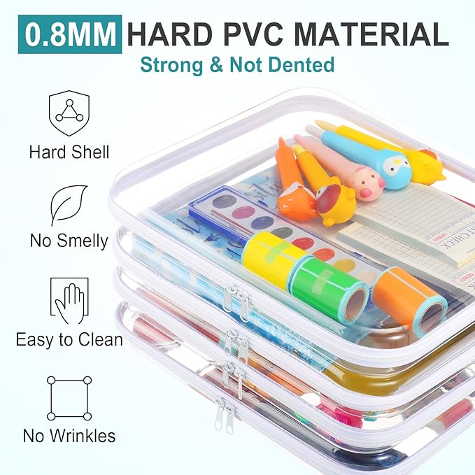 Hoolerry 4 Pcs Hard Clear Zipper Case Transparent Cases for Snacks Makeup Bag Plastic Storage Box Containers for Building Blocks, Puzzles, Cosmetics (White,13.8 x 11.8 x 2 in)