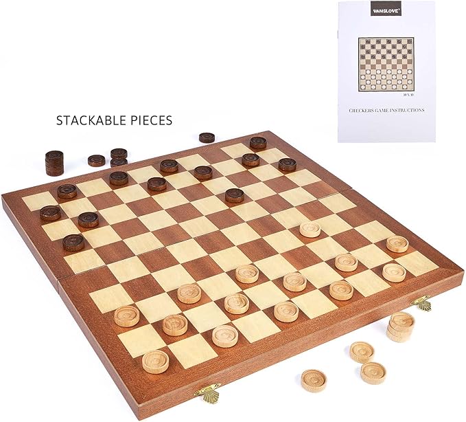 VAMSLOVE 15inch Checkers Folding Wooden Game Set, 100 Square Checkerboard International Checkers Draughts Board 10x10 for Kids with Pieces Storage Slots (Instructions Included)