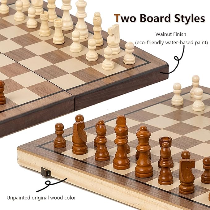 Chess Set 15'' Chess Board Wooden Magnetic Folding Chess Board Set for Adults & Kids Checkers Game for Kids Portable Travel Chess Game for Beginner 2 Extra Queens (Walnut Color)