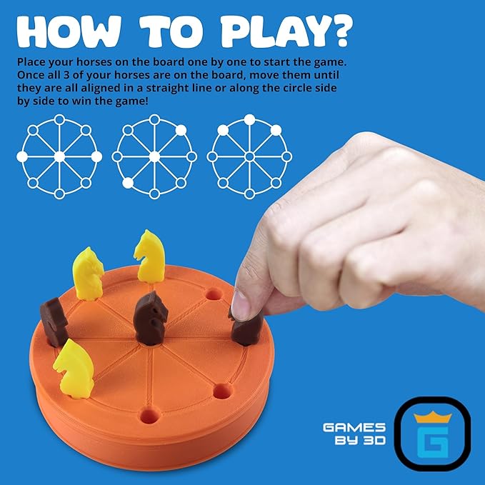 ROTA Game, Tic-Tac-Toe Game with Never a Tie, A Winner in Every Round, Ancient Roman Strategy Game, Portable 4" Board, Pockets or Purse-Size, with Horse Pieces, Made in USA (Orange)