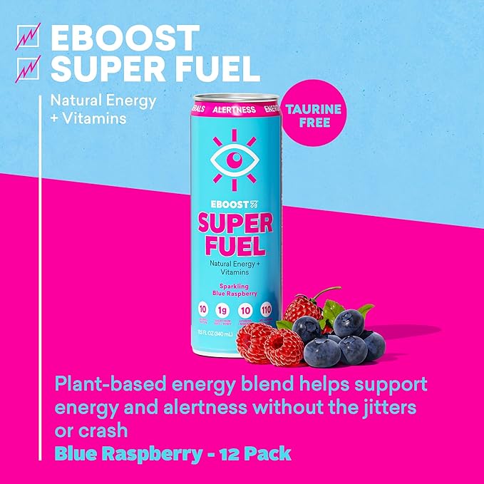 EBOOST Super Fuel Energy Drink - Blue Raspberry - 12 Pack x 11.5 Fl Oz - Caffeine from Natural & Clean Ingredients - Essential Electrolytes, Nootropics, and Vitamins - Sports Preworkout Drink