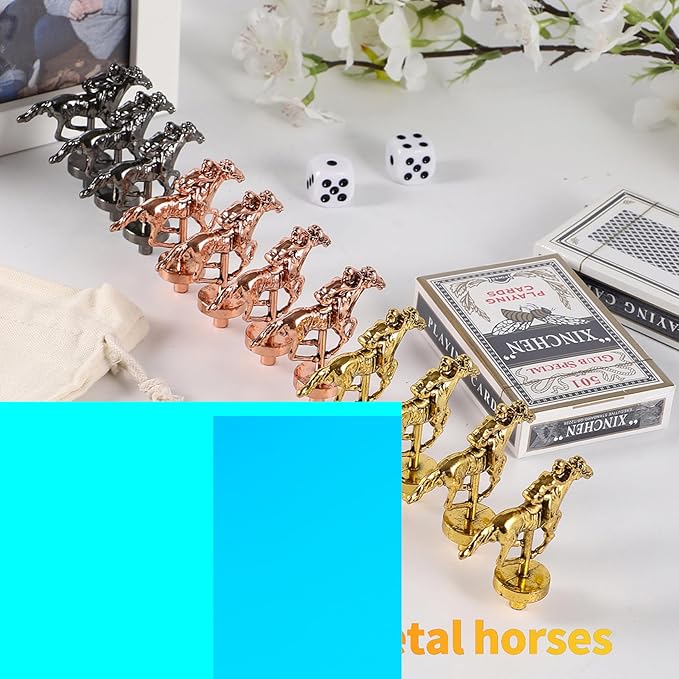 Large 21 inches Horse Racing Board Game Thickened Solid Wood with 11 Luxurious Durable Classic Metal Horses Including Dice and Cards Finish LINE Race Game Board (Large, Walnut)